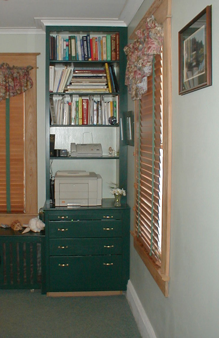 custom bookcase, radiator, and storage